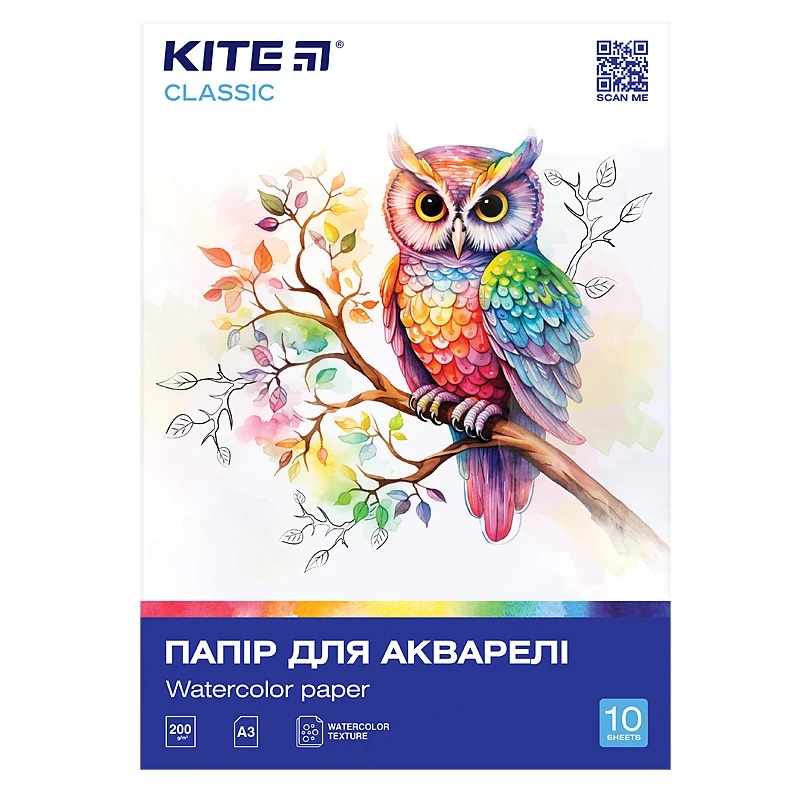 Папір для акварелі "Kite" /K-268/ А3/10 арк. 200г/м2, Classic (67732) (1/50)