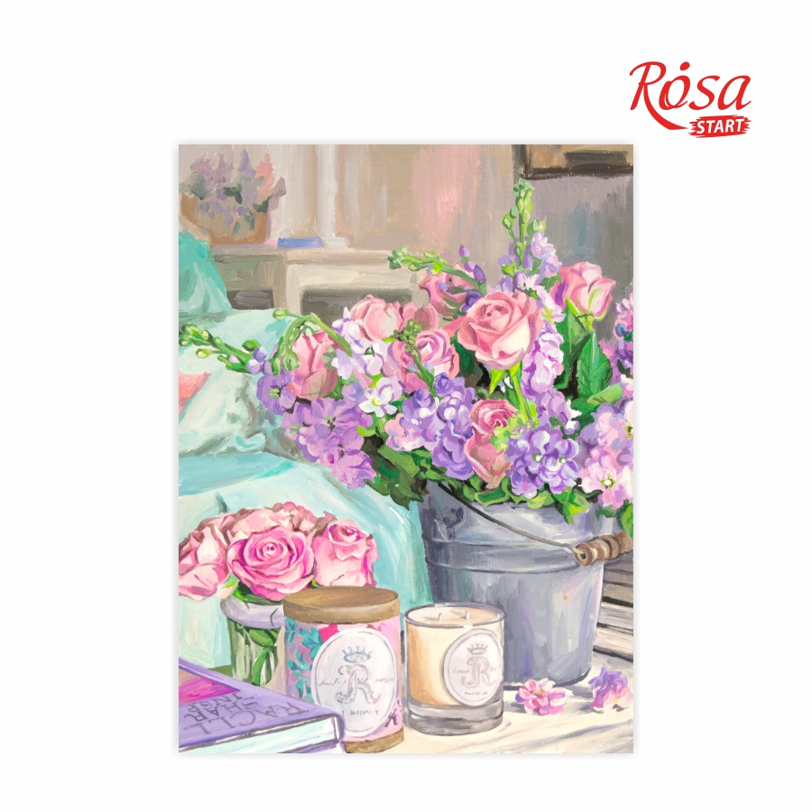 Painting on cardboard with outline "ROSA START" 30*40 Still life No. 25 "Delicate bouquet of roses + lilacs" /159/ WITHOUT PAINTS