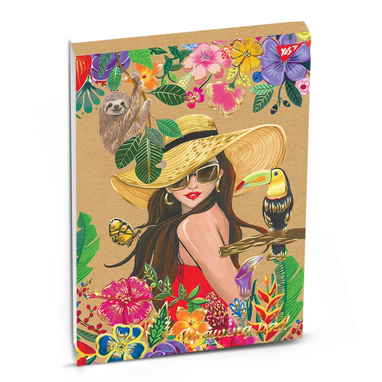 Album for drawing A4/30 sheets. "YES" /130461/ "PRETTY GIRL" gluing, kraft, white + foil. gold, 100g/m2, (6/72)