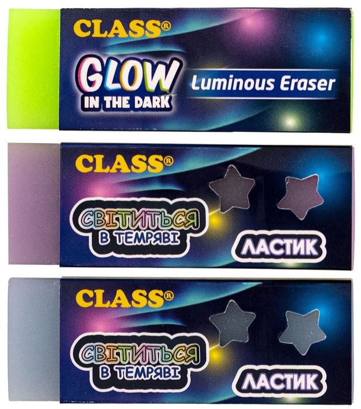 Rubber "CLASS" /4985-1C/ Eco-PVC colored, rectangular, in a cardboard display, "GLOWING" (20/400)