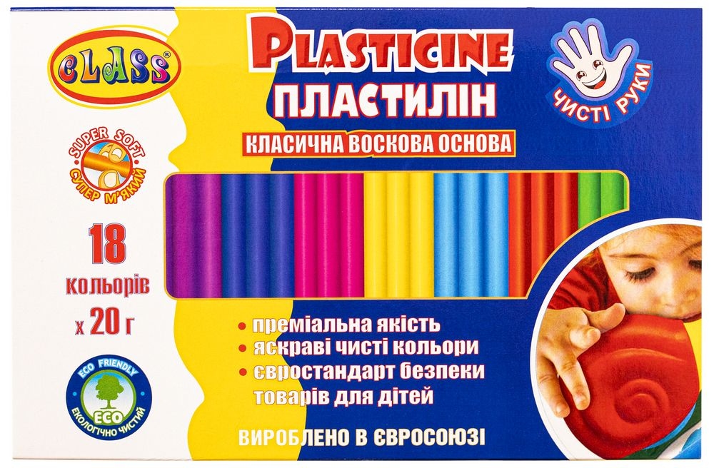 Пластилін "CLASS" "Чисті руки MAXI" 18кол. /7660C/ восковий,стек, 360гр, (1/30)