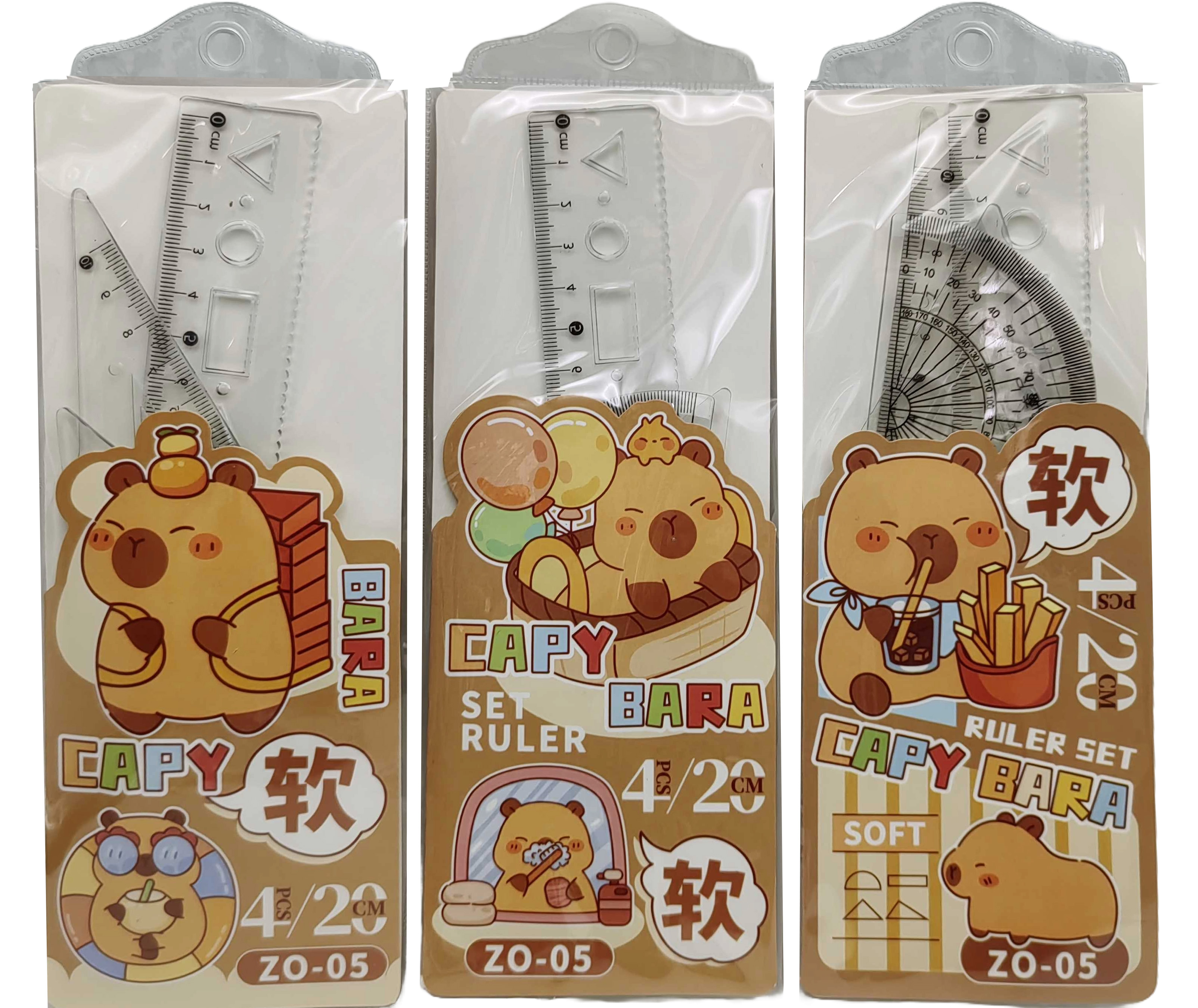 Set of rulers /0586/ non-breakable 4 pcs.  (line - 20 cm, triangle - 2 pcs., protractor) "Capybara" in conv. PVC (1/40)