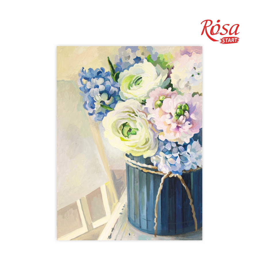 Painting on cardboard with contour "ROSA START" 30*40 Still life No. 26 "Tender bouquet of white roses + lilacs" /142/ WITHOUT PAINTS