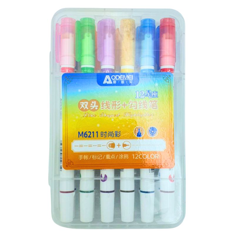 A set of text markers "AODEMEI" /M6211/ two-sided thin "Line", 12 colors, 12 pcs. (1/12)