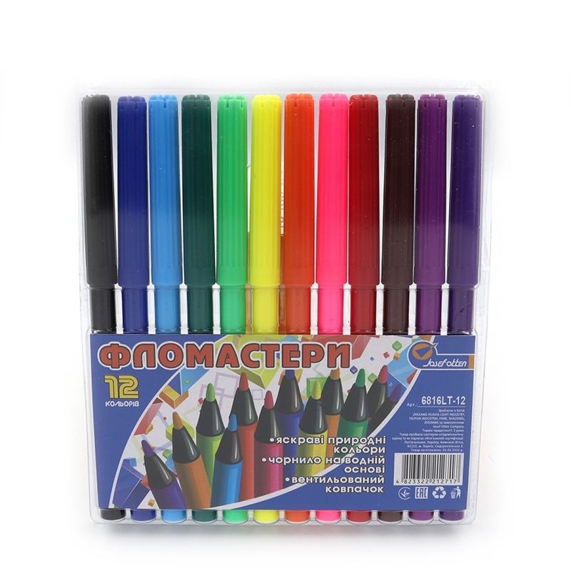 Felt-tip pens "JO" 12 pcs. /6816-12LT/ "Rainbow" in hard PVC, with vent. cup (1/12/192)
