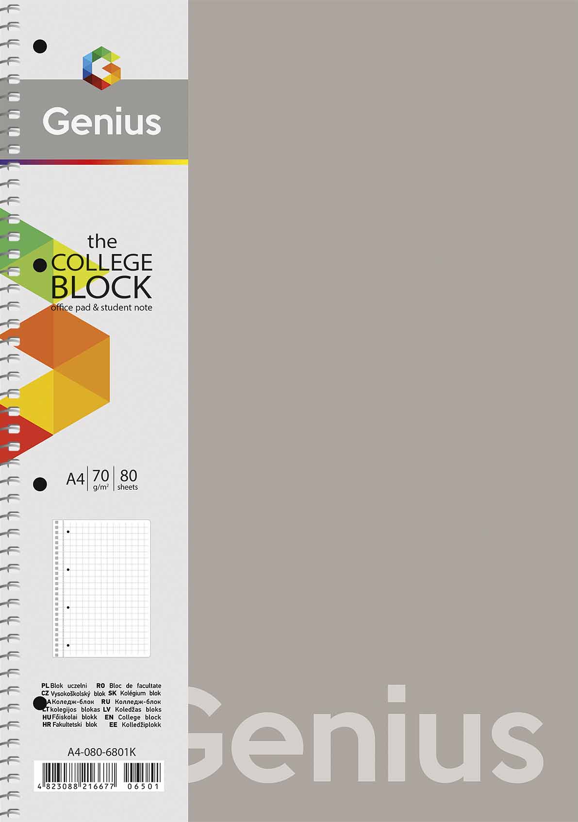 Notebook A4/80 sheets. "Genius" spiral /A4-080-6803K/ ##, plastic 0.5 mm, 70 g/m2, rounded corners (4/40)