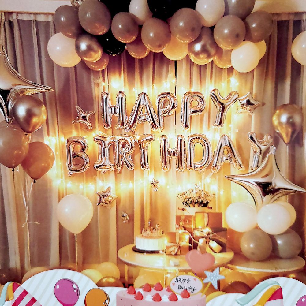 Фотозона із повітряних кульок /T-8938/ "Happy birthday" срібло з золотом (1/10)