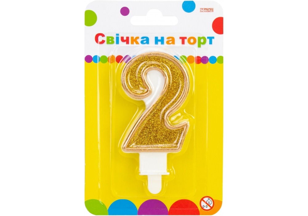 Свічка - цифра "Maxi" /MX622083-2/ "2" золотиста двостороння з блискітками 7,62см (1/24)