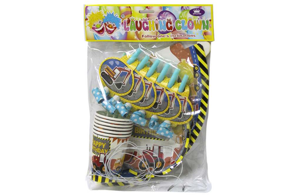 Festive set "WB" /10323/ 36 items: glasses, glasses, plates 18 cm, pipes, caps, tubes "Construction machines"