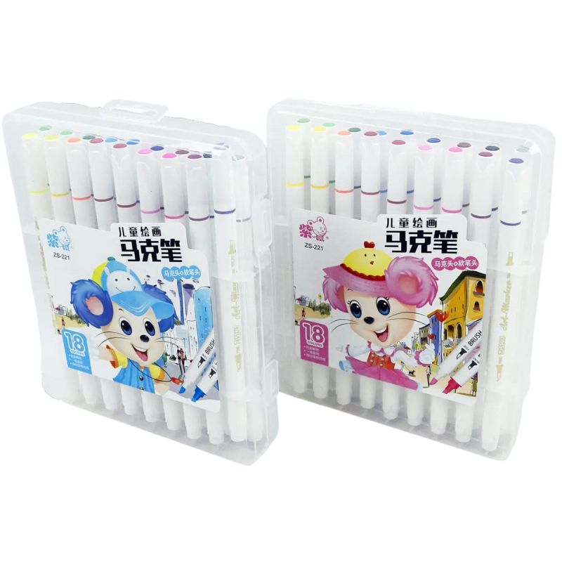 Set of sketch markers /218-18/ "Mouse" 18 col. round/bevel tip trick, ply body pack with stickers. (1/4/60)