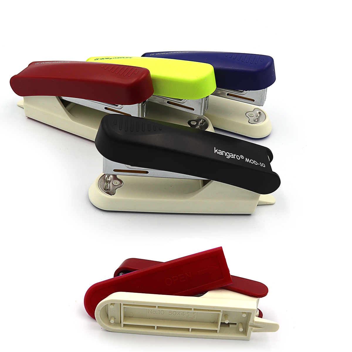 Stapler "Kangaro" /MOD-10/ No. 10 20 sheets, depth 45mm, length 95mm, anti-stapler, compartment for staples, plastic mix (1/10/120)