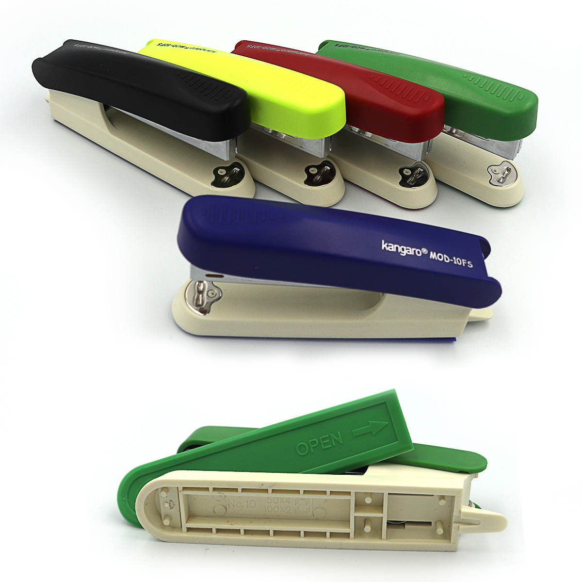 Stapler "Kangaro" /MOD-10FS/ No. 10 20 sheets, depth 55mm, length 110mm, anti-stapler, compartment for staples, plastic mix (1/10/120)
