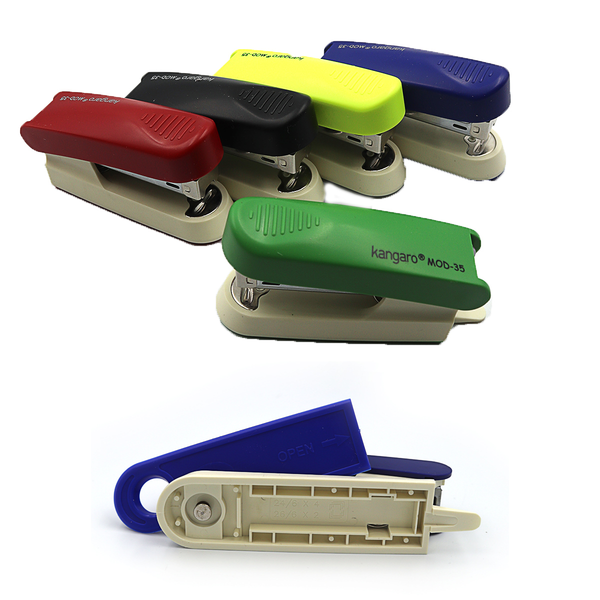 Stapler "Kangaro" /MOD-35/ No. 24/6 20 sheets, depth 42mm, length 93mm, anti-stapler, compartment for staples, plastic mix (1/10/120)
