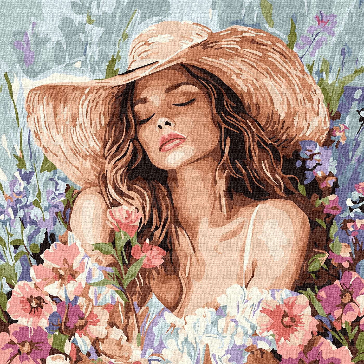Picture by number "Ideyka" /KHO8569/ "Girl in a hat among flowers" 40*40 cm