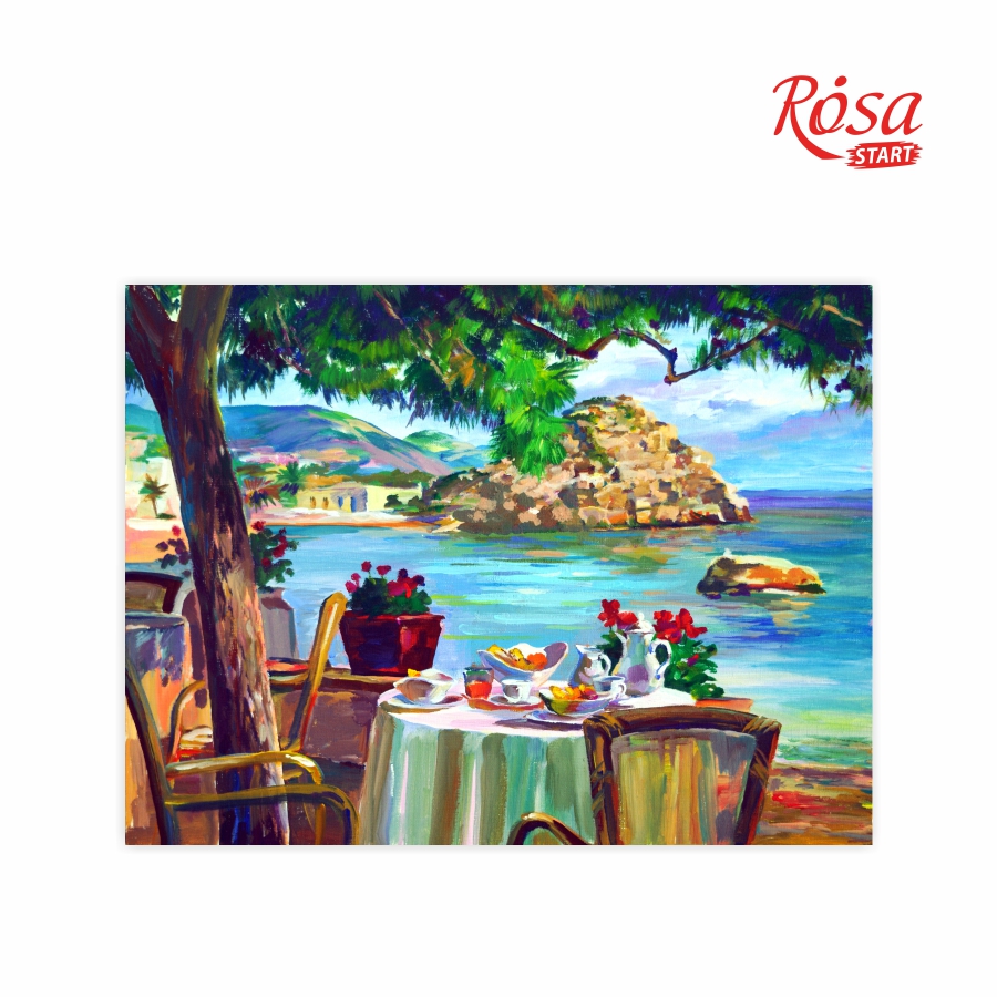 Painting on cardboard with a contour "ROSA START" 30*40 Seascapes No. 4 "Summer cafe on the embankment" /621/ WITHOUT PAINTS
