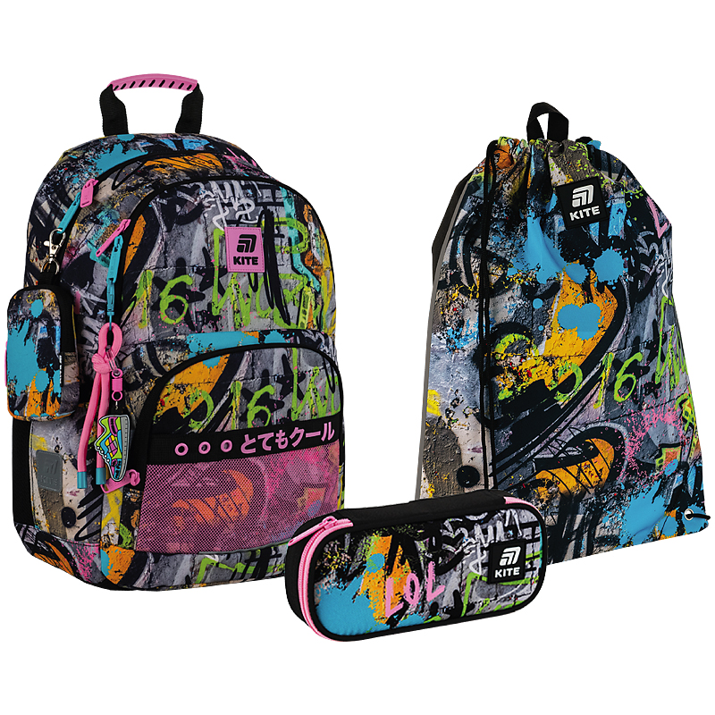 "Kite" set /SET_K25-585M-3/ backpack + pencil case + shoe bag 585 Street Art (1/6)