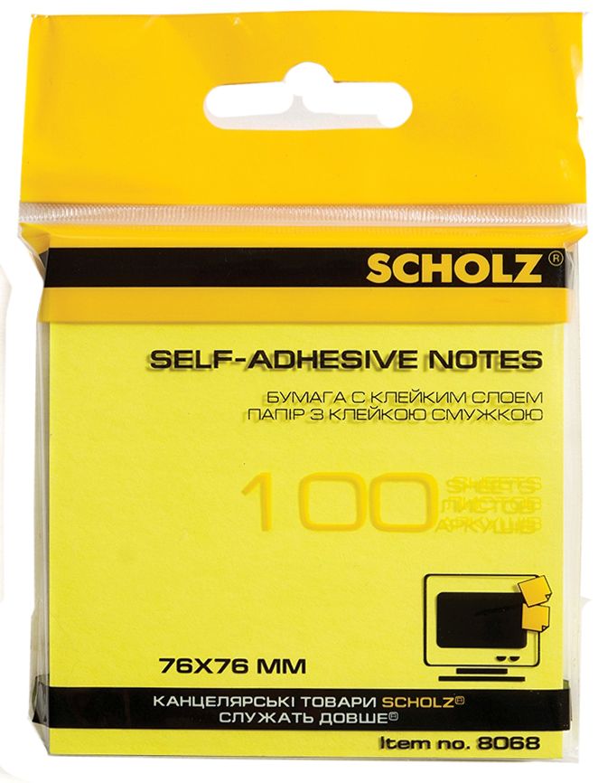 Папір з клейким шаром 76*76 мм "SCHOLZ" /8068-NY/ 100 арк. неон, жовтий (6/48)