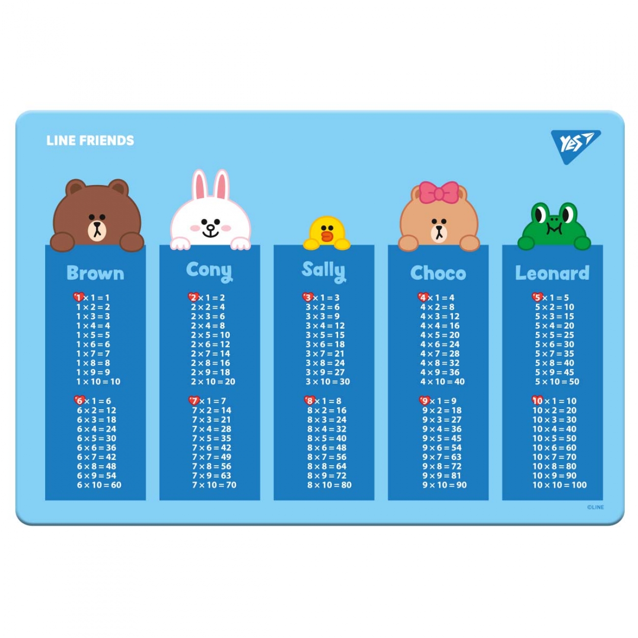 Підкладка настільна 29*42см "YES" /492174/ "Line Friends" (таблиця множення) (1/10/200)