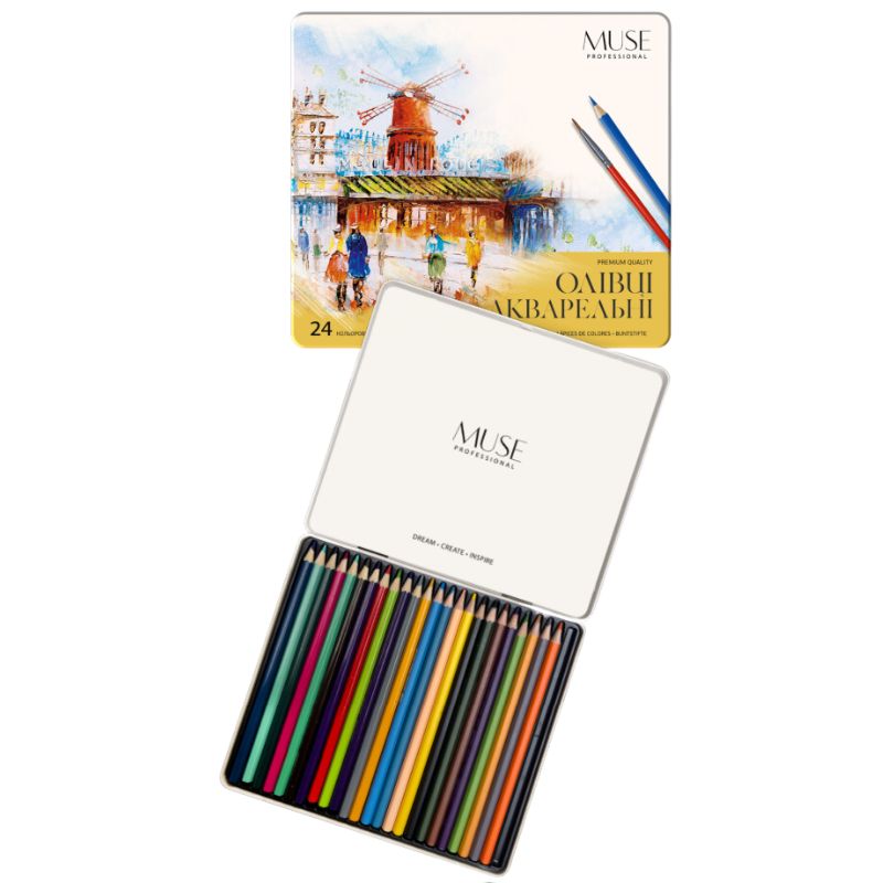 Colored pencils "MUSE" 24 pcs. /103M-24/ watercolor hexagons, with a brush metal box (1/10)