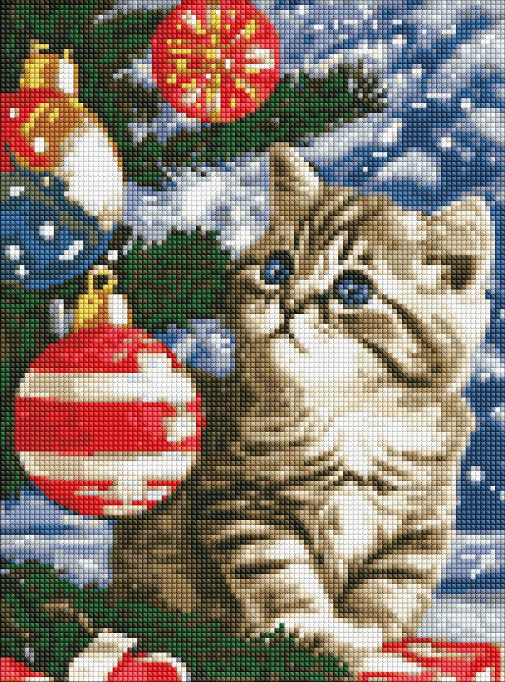 Diamond mosaic "Ideyka" /AMO7787/ "Kitten under the Christmas tree" with AB rhinestones 30*40cm