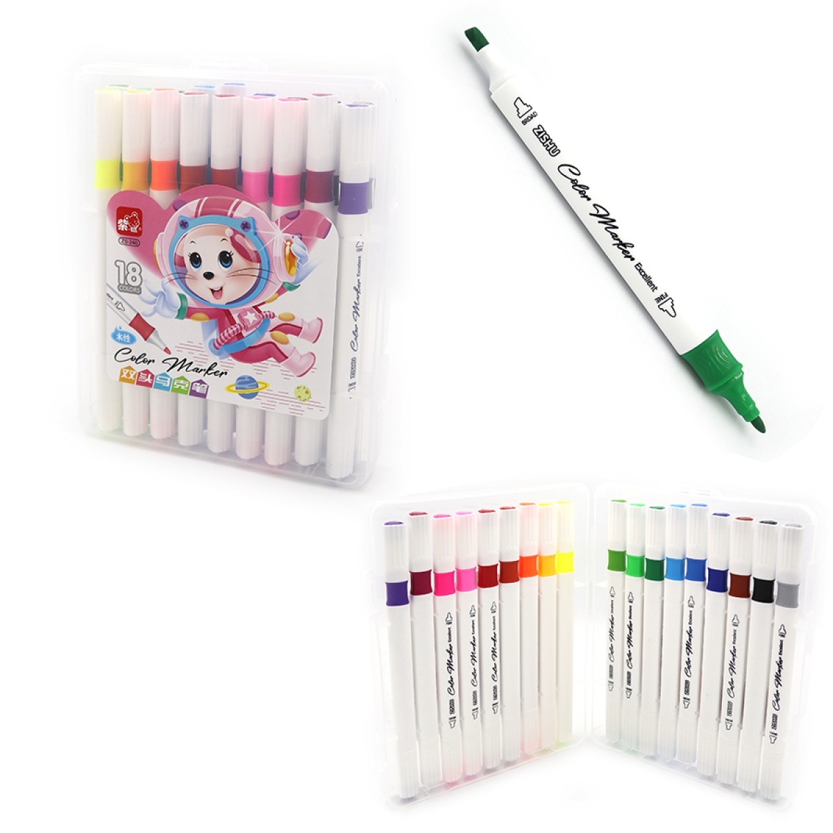 Markers "JO" /240-18/ "Mouse" 18 col. double page Flom triangular body, 165 mm thin/bevelled, plastic Box (1/12)