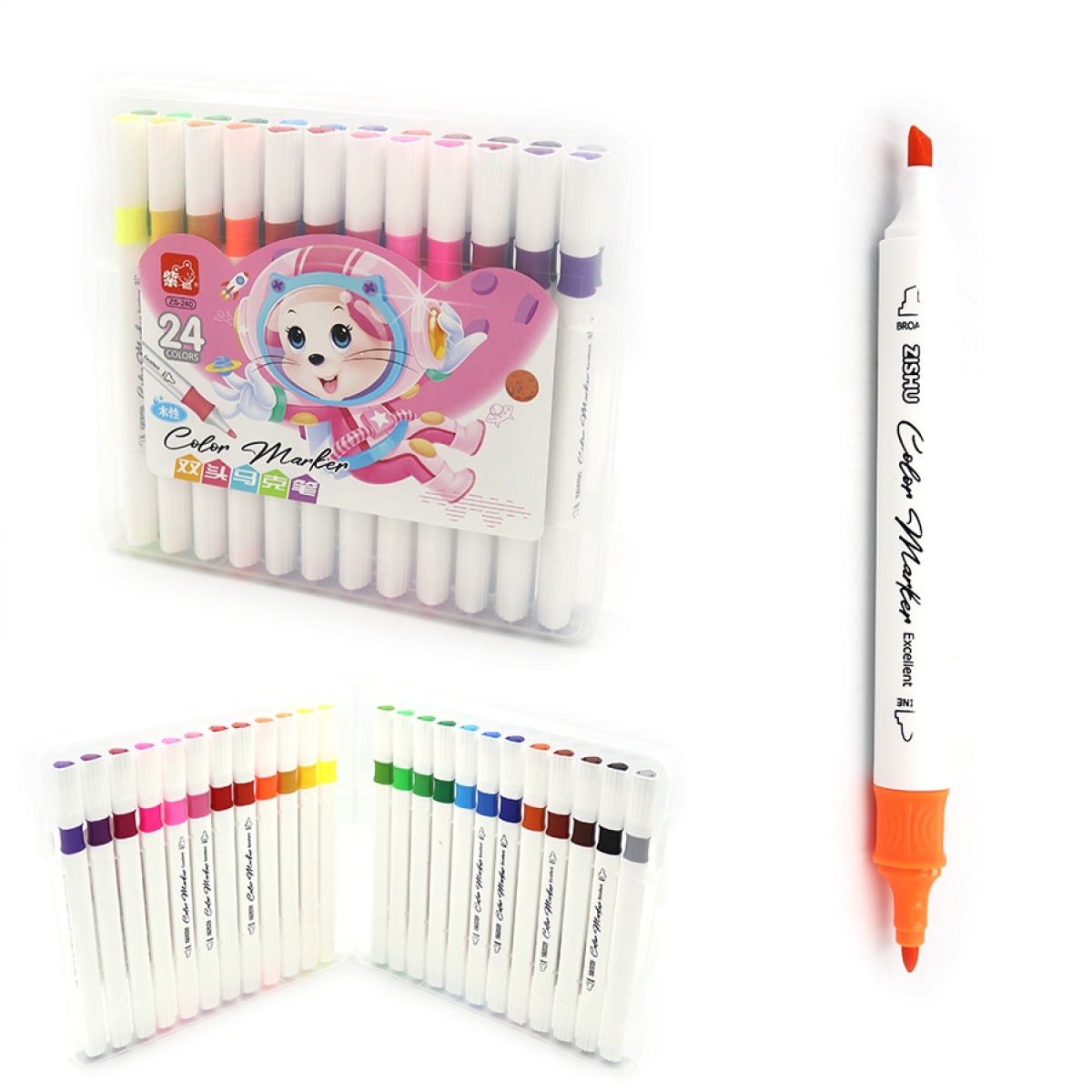 Markers "JO" /240-24/ "Mouse" 24 col. double page Flom triangular body, 165 mm thin/bevelled, plastic Box (1/14)