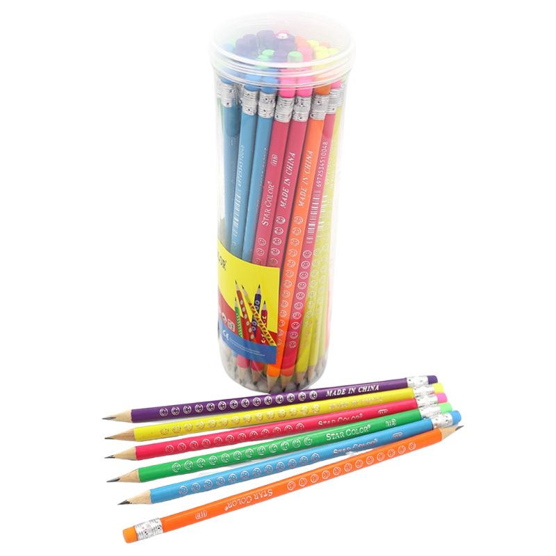Pencil h/g "JO" /DSCN0707/ HB Star color "Neon" three-sided with eraser, in a jar (48/2880)
