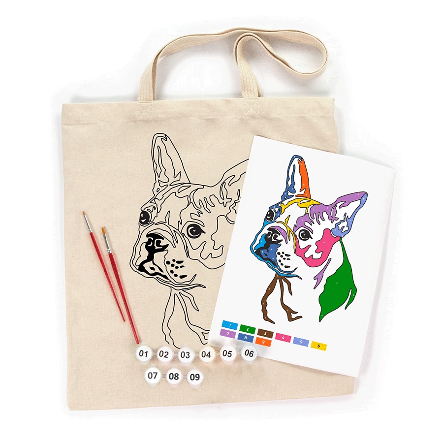 Shopping bag 38*42cm "ROSA Talent" /N0003622/165/ "Bright Pug" coloring page, handle 60cm, cotton 220 g/m2 + paints