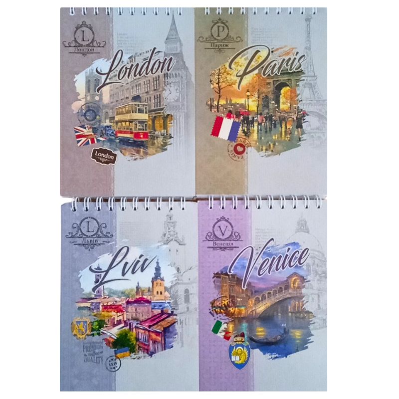 Notebook A6/80 sheets. "Rucksack" /ZK-19/ "CITIES" series of cards. cover, # 60g/m2, top spring, mix (1/10)