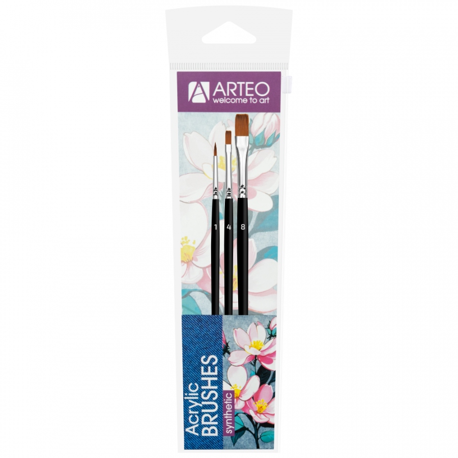 Set of brushes "Arteo" No. 1, for synthetic fabrics, 3 pcs., round (No. 1), flat (No. 4, 8), k.r.