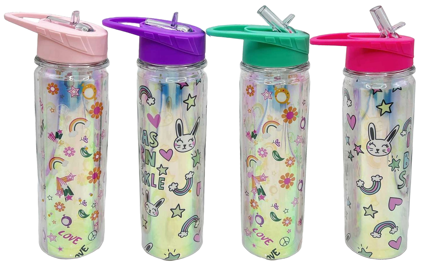 Water bottle with a tube /0186-XLZ/ plastic "Rainbow holographic" 550 ml, mix (1/60)