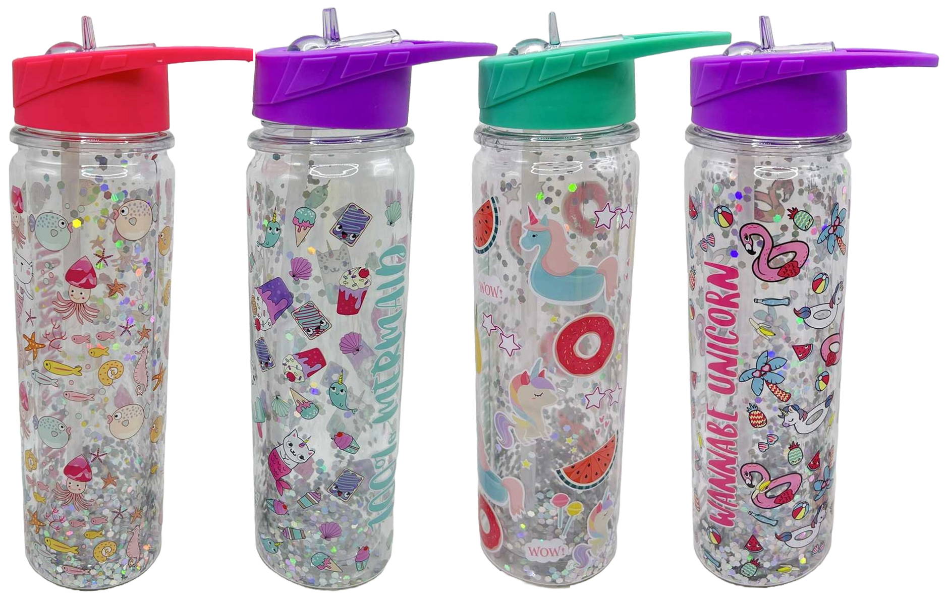Water bottle with a tube /0380-LZ/ plastic "Cats, unicorn, glitter fish" 550ml, mix (1/60)