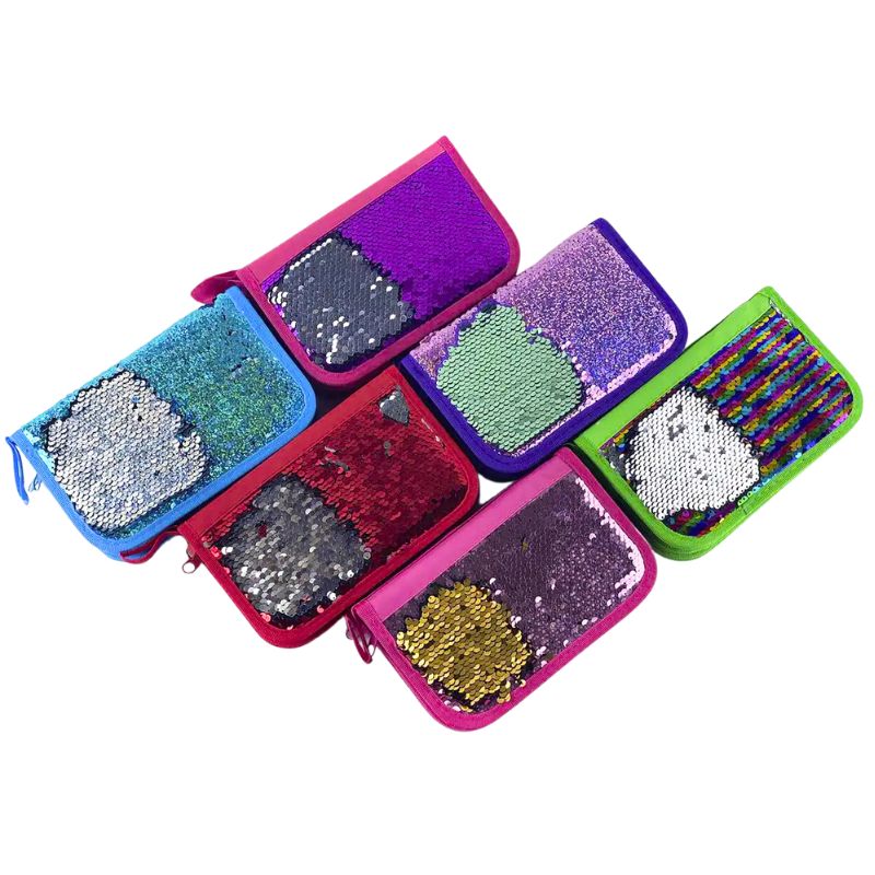 Pencil case /9015-1/ 2 compartments, b/n "Double-sided sequins" mix 6 rounds (1/48/96)