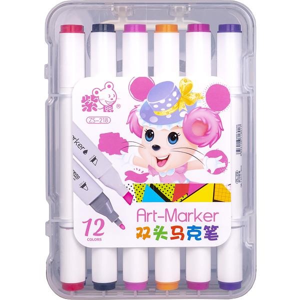 Set of sketch markers /218-12/ "Mouse" 12 col. round/bevel tip trick, ply body pack with stickers. (1/8/80)