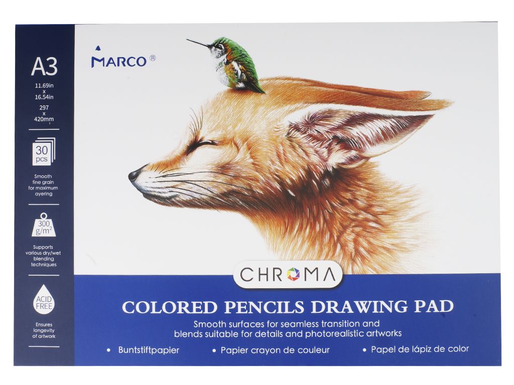 Sketchbook A3/30 sheets. "MARCO" /1073-30CBP (A3) for colored pencils 300g/m2 (1/15)