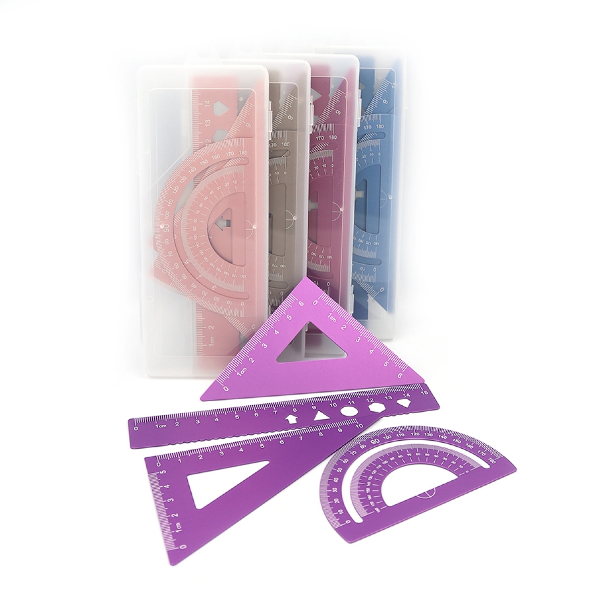 Set of metal rulers "JO" /IMG155033-15/ 4 items: 1 ruler, 2 triangle, 1 protractor, plastic tube (1/72/288)